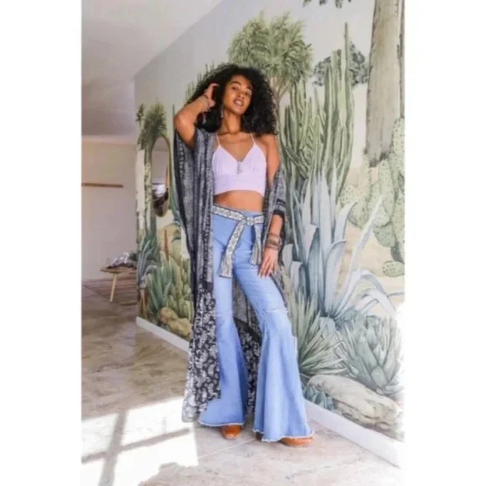 SOLD OUT Black Paisley Tapestry Free Flow Kimono Open Duster Coverup Wrap Top - Picture 3 of 5